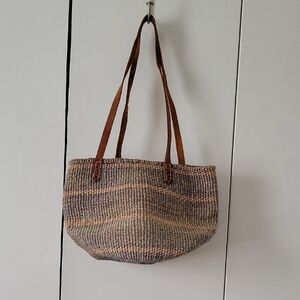 Woven Straw Tote Bag with Brown Leather Straps